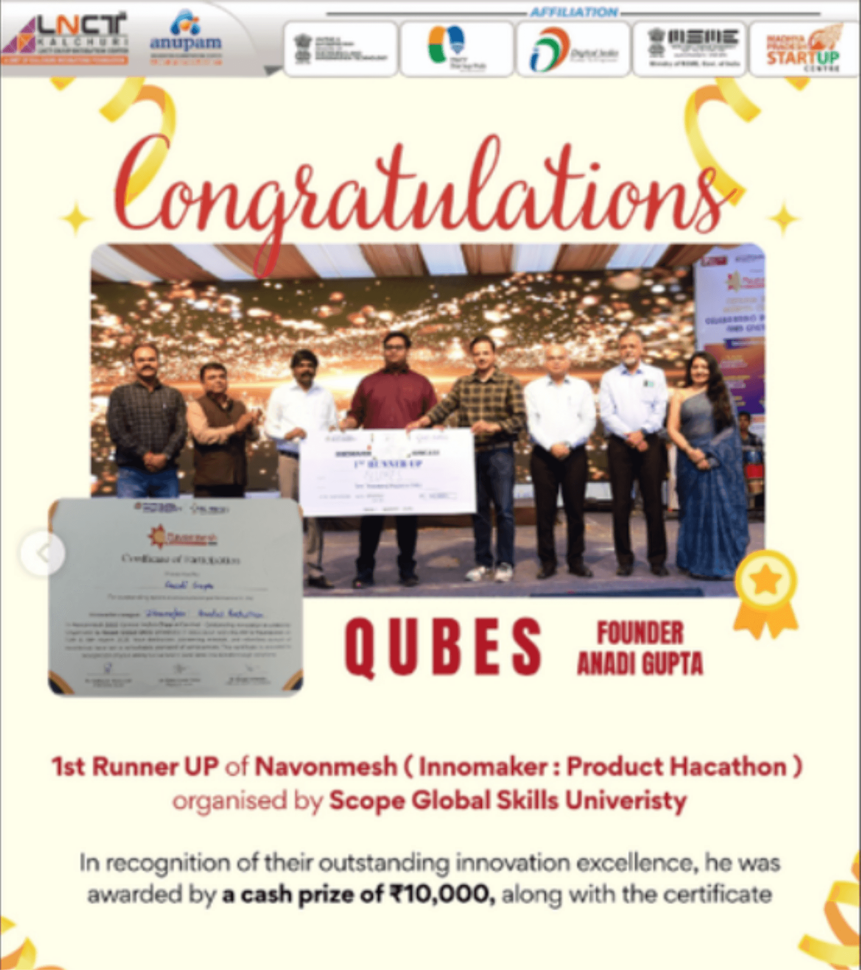 QUBES – 1st Runner-Up Navonmesh 2026 Innovation League achievement